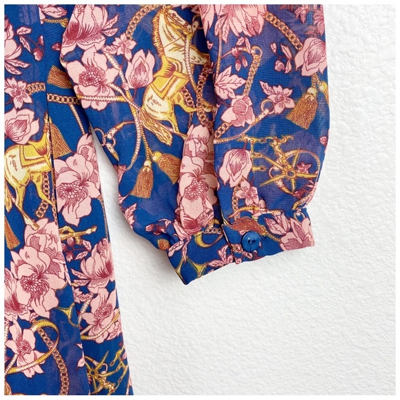 Floral Print Dress‎ Tie Neck Long Sleeve Fit Flare Party Cocktail - Picture 9 of 11